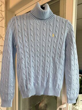 Vintage Ralph Lauren Sport Turtleneck Sweater Womens S Blue Cable Knit NWT